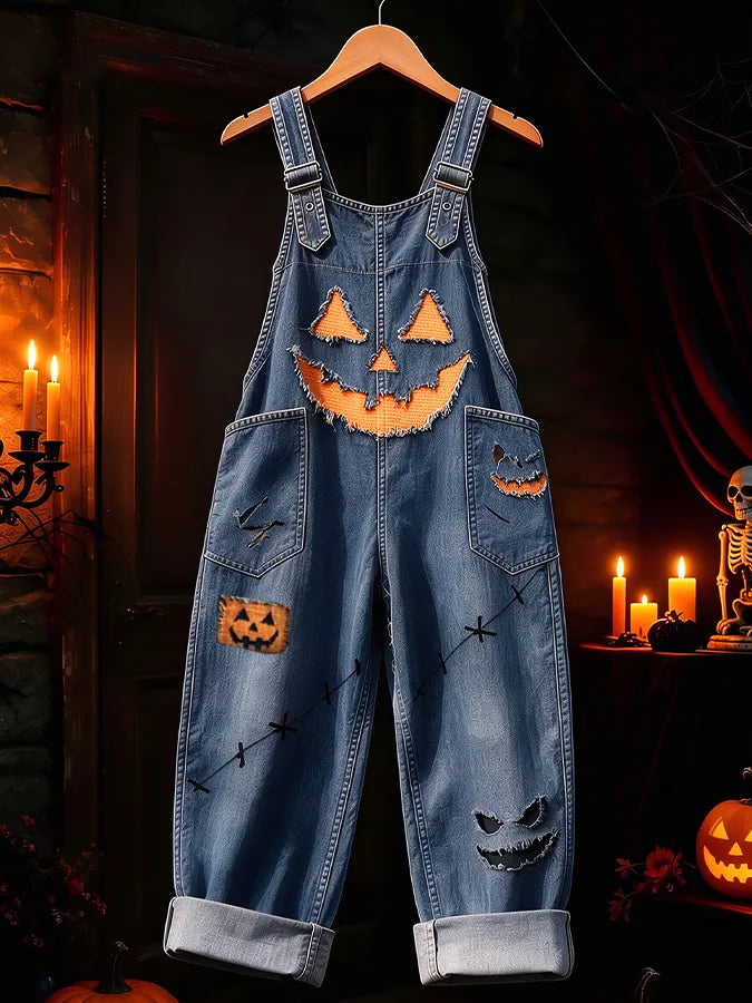 Women'S Halloween Printed Synthetic Denim Jumpsuit
