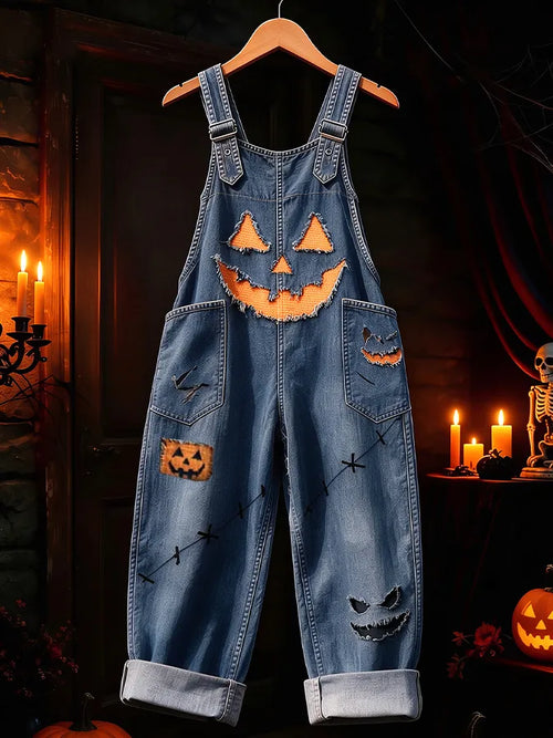 Women'S Halloween Printed Synthetic Denim Jumpsuit