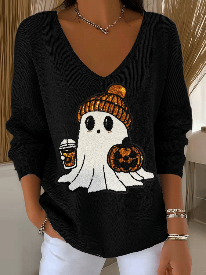 Women's Halloween Ghost Print Knit Long Sleeve Top