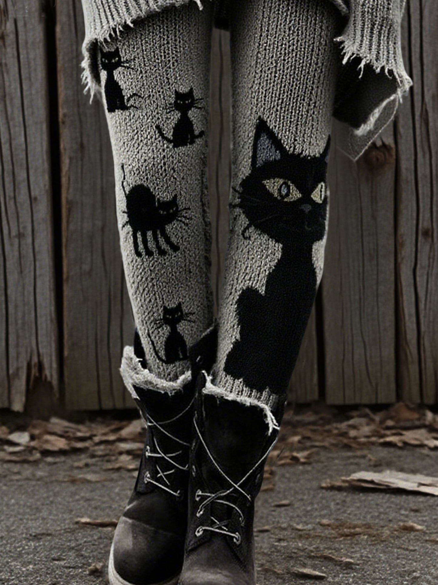 Women's Autumn and Winter Halloween Retro 3D Sweater Textured Cute Black Cat Printed Holiday Pants