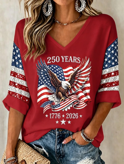 Women'S Retro Independence Day Faith Rose Pattern Casual V-Neck T-Shirt