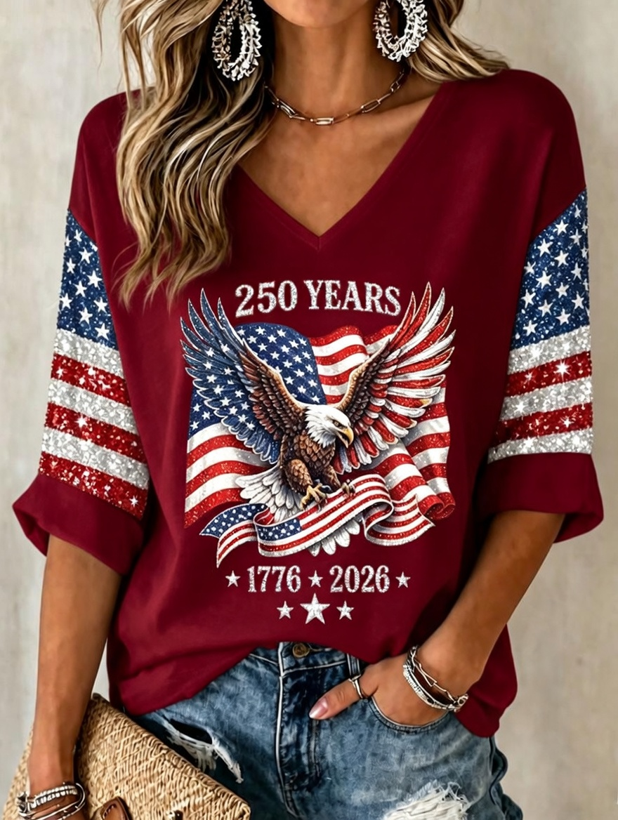 Women'S Retro Independence Day Faith Rose Pattern Casual V-Neck T-Shirt
