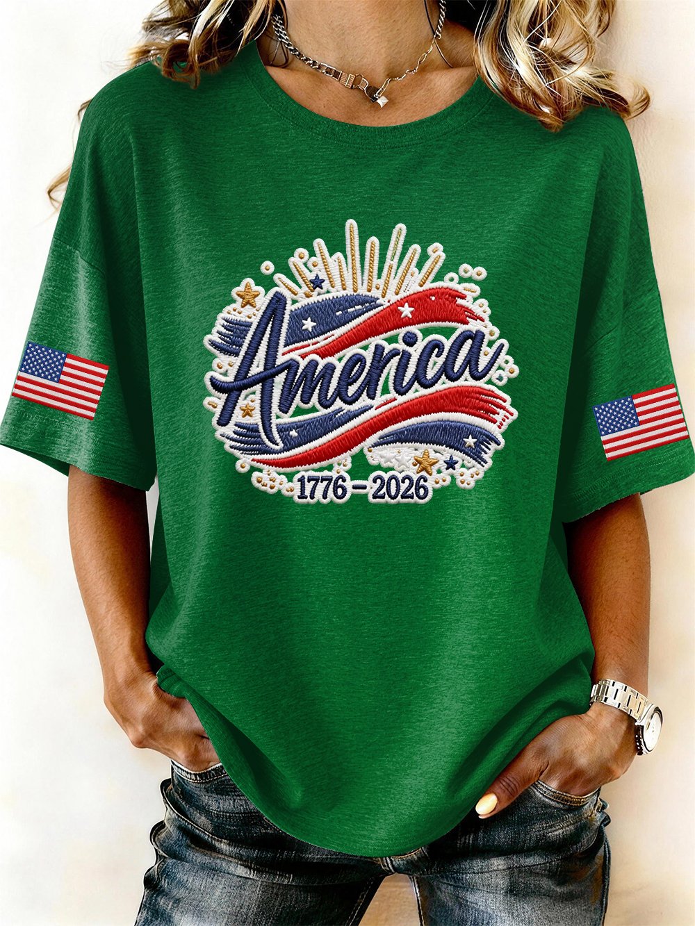 Women’s USA 250th Anniversary Embroidered Print Crew Neck Short Sleeve T-Shirt