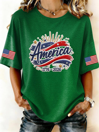 Women’s USA 250th Anniversary Embroidered Print Crew Neck Short Sleeve T-Shirt