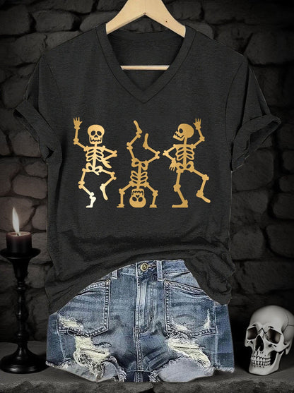Women's Halloween Skull Gold Metal Print V-Neck Short Sleeve T-Shirt