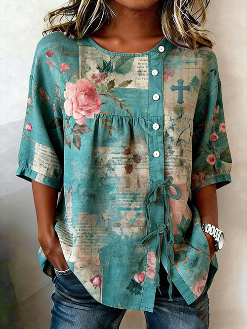 Women's Retro Faith Floral Print Top