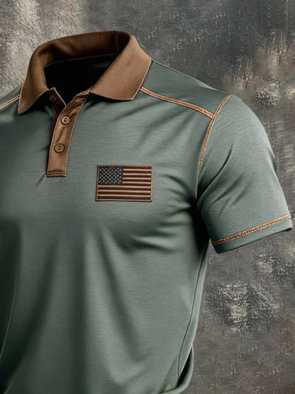 Men's Retro Patriot Color Block Polo Collar Short Sleeve