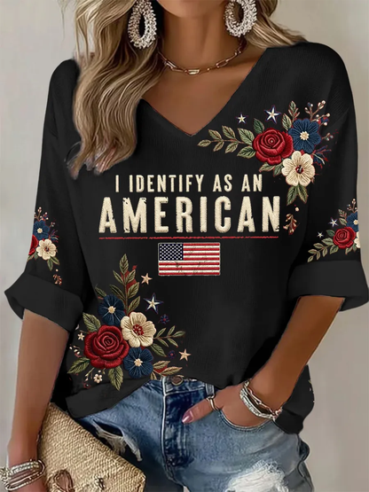 Women's American Flag Printed Casual Waffle Long Sleeve T-shirt