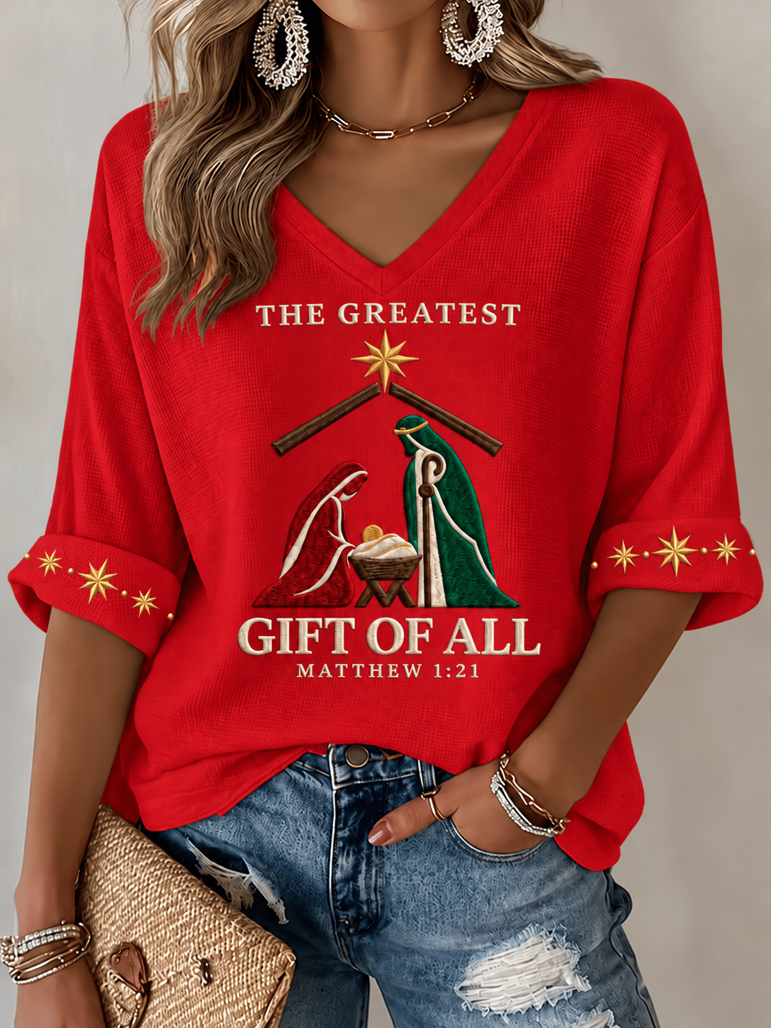 Women's Christmas Faith Print Waffle-Knit Top