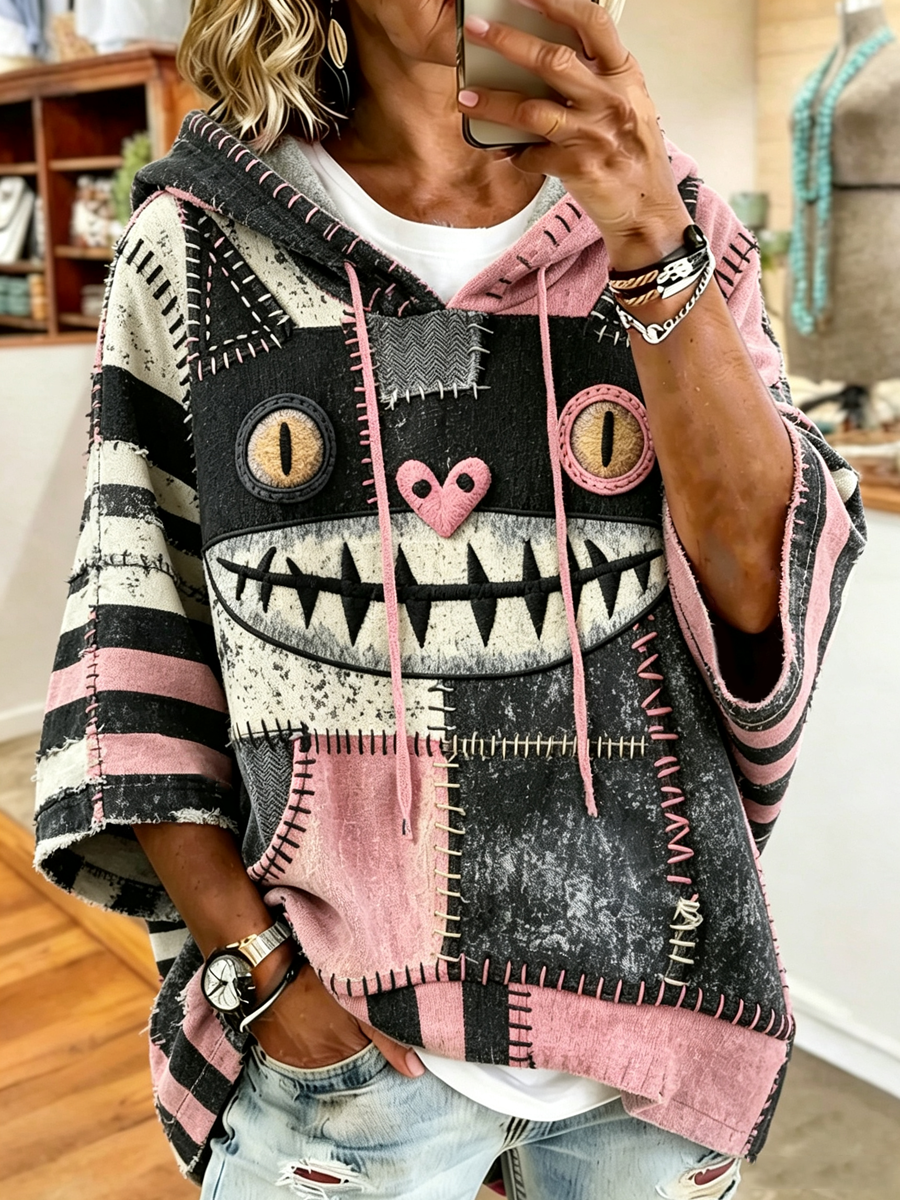 Women'S Halloween Patchwork Cat Print Casual Hoodie