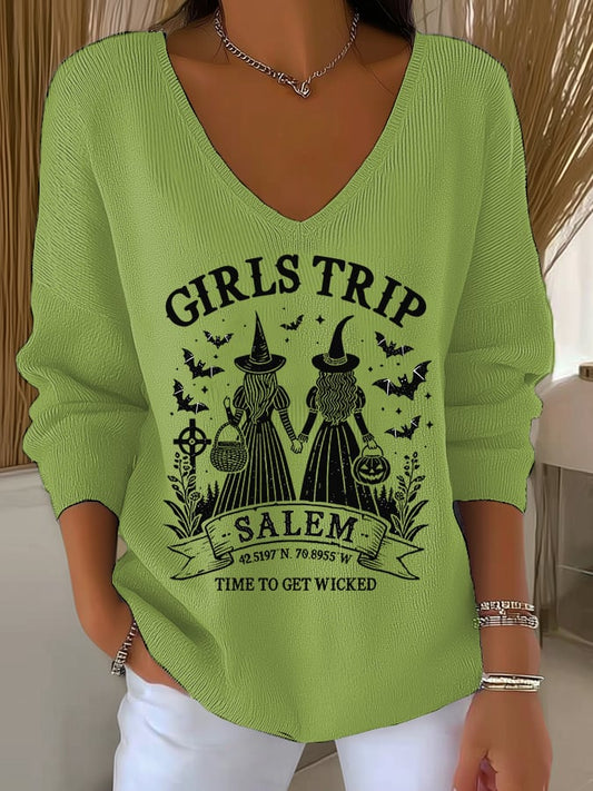 🔥HOT SALE🔥Women's Girls Trip Salem Witch Print V Neck Sweater