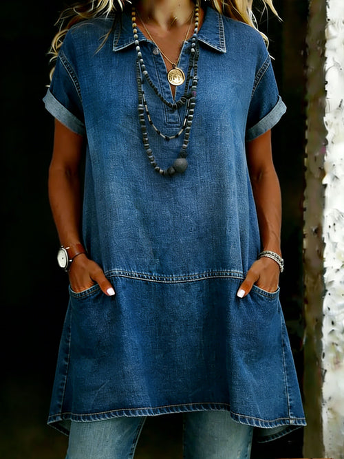 Women's V-neck Casual Short Sleeve Denim Shirt