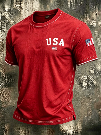 Men'S Casual USA Commemorative Embroidered Printed Round Neck T-Shirt