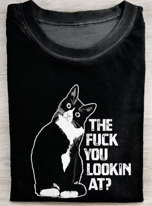 Funny Cat The Fuck You Lookin At? Art Print Round-neck Short-sleeve Casual T-shirt
