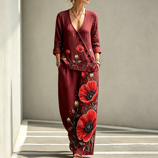 Poppy Floral Art Print Casual Linen Two-Piece Set