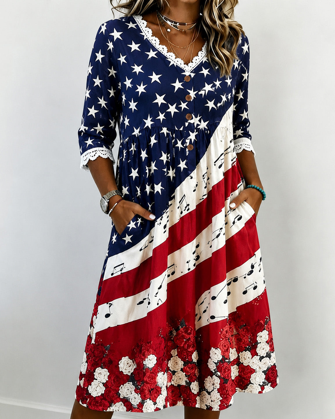 American Flag Striped Rose V-Neck Lace-Paneled Cotton Linen Casual Dress