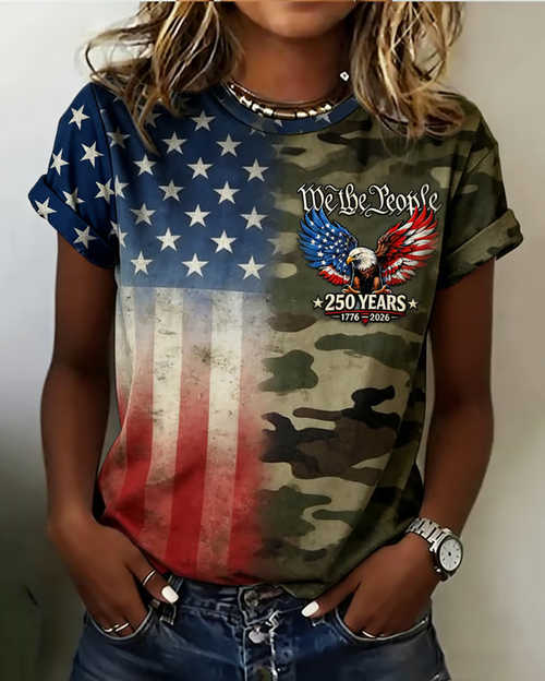 Women's Camouflage National Flag Patchwork Short Sleeve T-Shirt