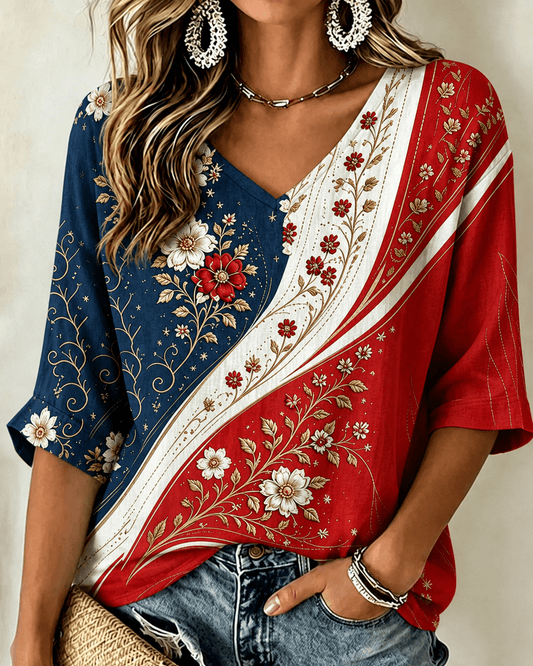 Color-block Wavy Flowers Print V-neck Half Sleeved Loose Top