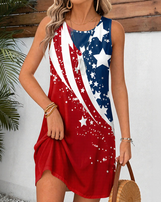 Color-blocked Striped Stars Round Neck Sleeveless Mini Casual Dress