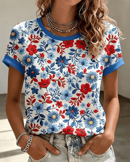 Colorful Small Floral Print Crew Neck Short Sleeve Tshirt