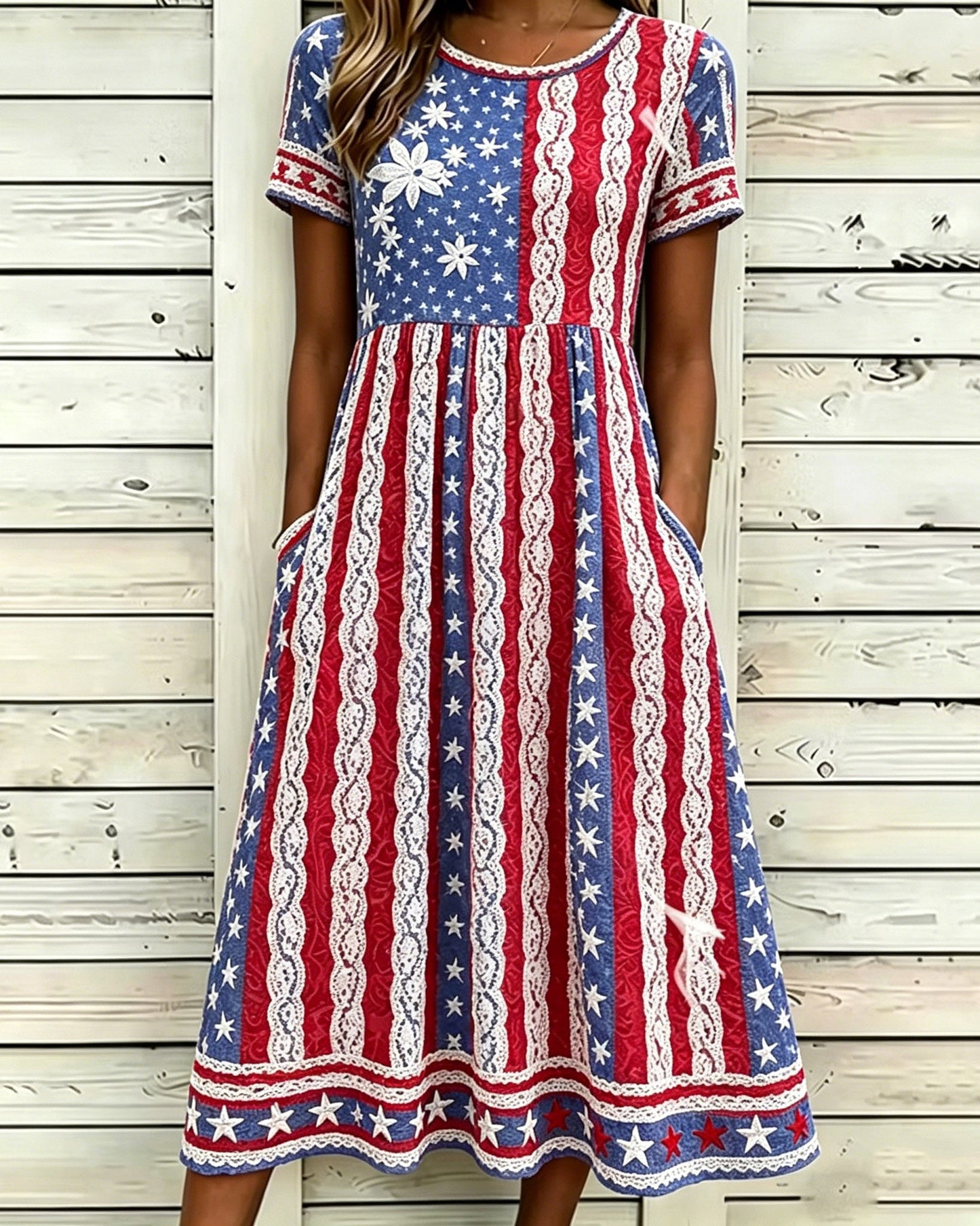 Colorful Star Striped Lace Print Pocket Casual Dress
