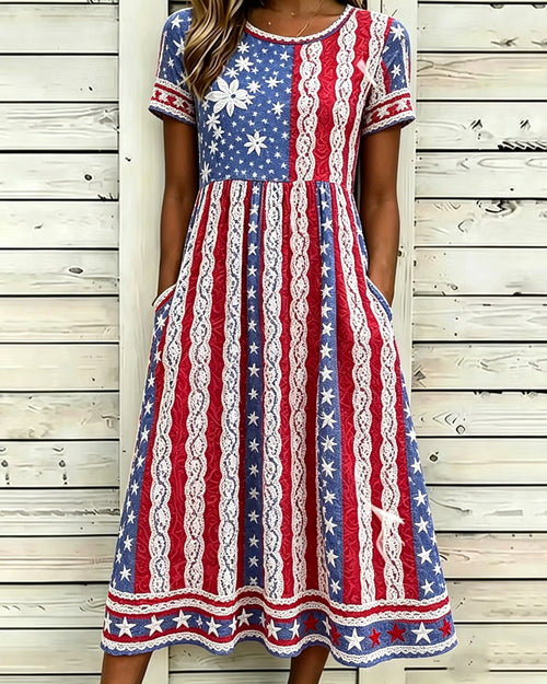 Colorful Star Striped Lace Print Pocket Casual Dress