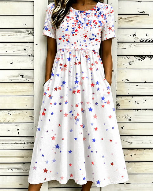 Contrast-Color Little Stars Print Pocket Casual Dress