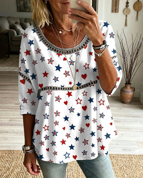Contrasting Color Heart Stars Print Round Neck Blouse