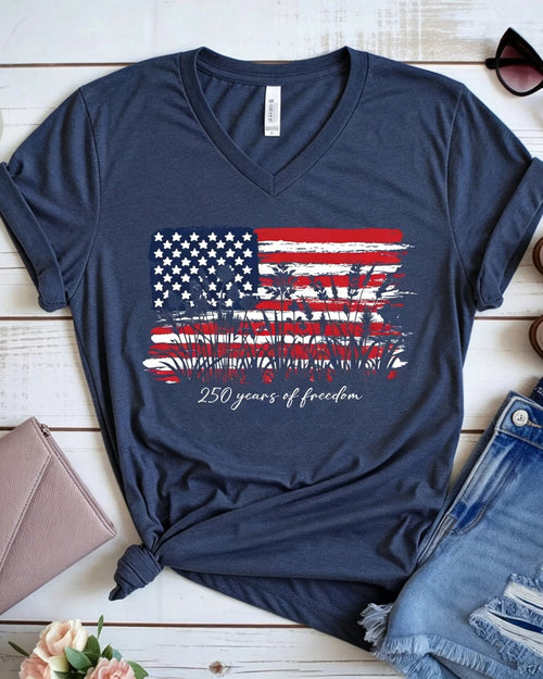 100% Cotton 250 Years of Freedom Floral V Neck Short Sleeve Tshirt