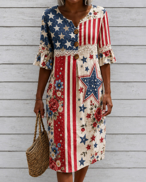 Floral and Flag-Print Lace Splicing Cotton-Linen Lace Sleeves Midi Dress