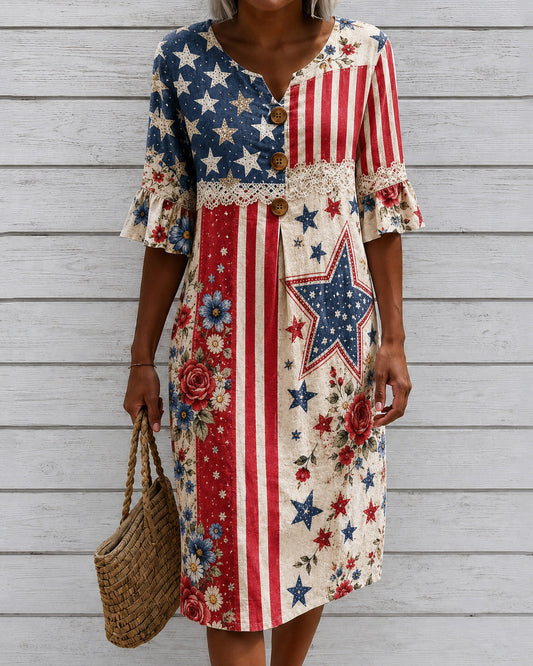 Floral and Flag-Print Lace Splicing Cotton-Linen Lace Sleeves Midi Dress