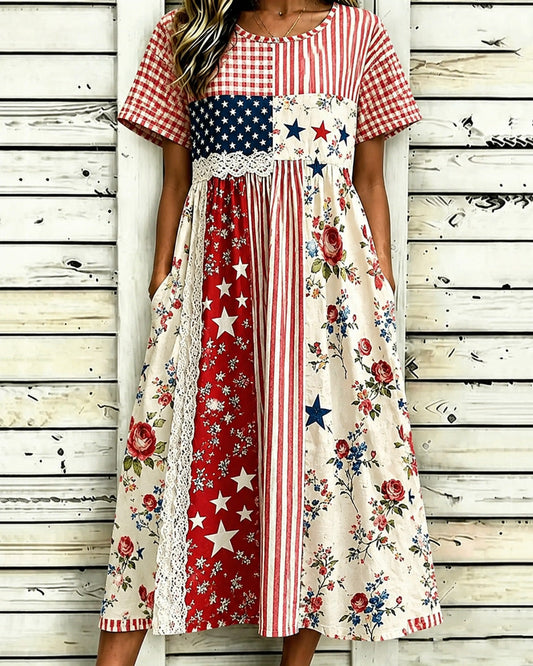 Floral Striped National Flag Patchwork Print Pocket Casual Dress