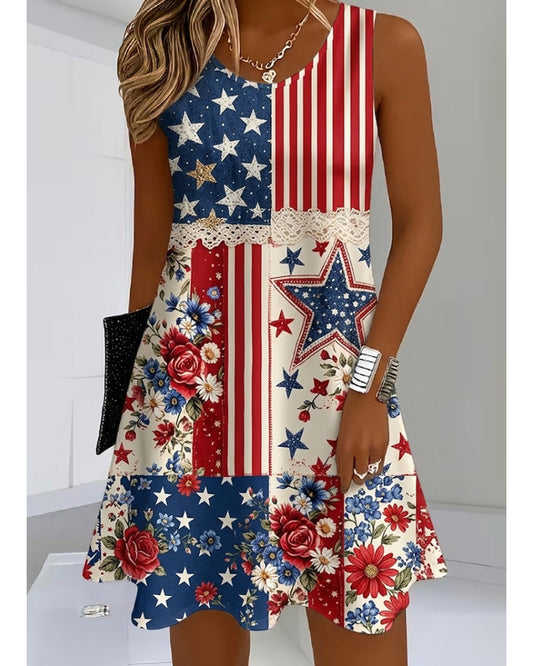 National Flag Flower Lace Patchwork Round Neck Sleeveless Mini Casual Dress