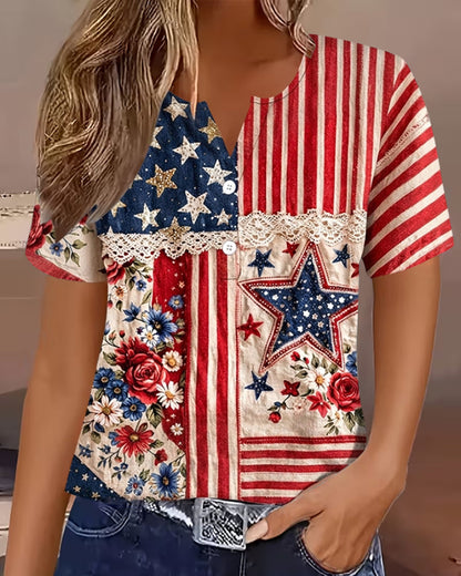 Women's Flag Flower Lace Patchwork Henry's Collar  Short Sleeve Tshirt