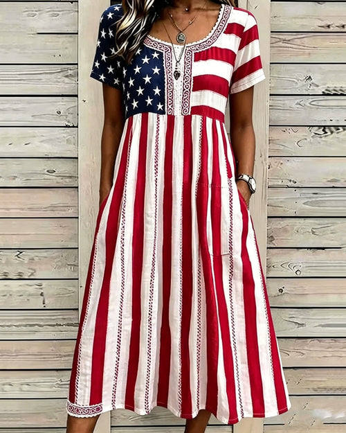 Fun American Flag Print Pocket Casual Dress