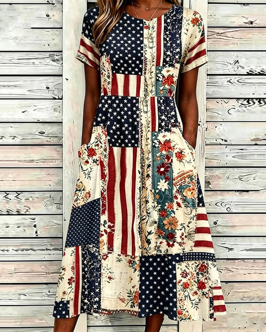 Independence Day Flag Floral Print Pocket Casual Dress