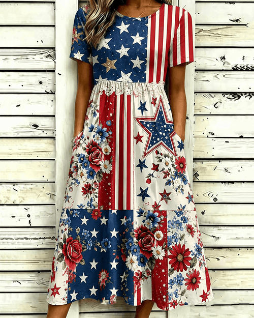 National Flag Flower Lace Patchwork Print Pocket Casual Dress