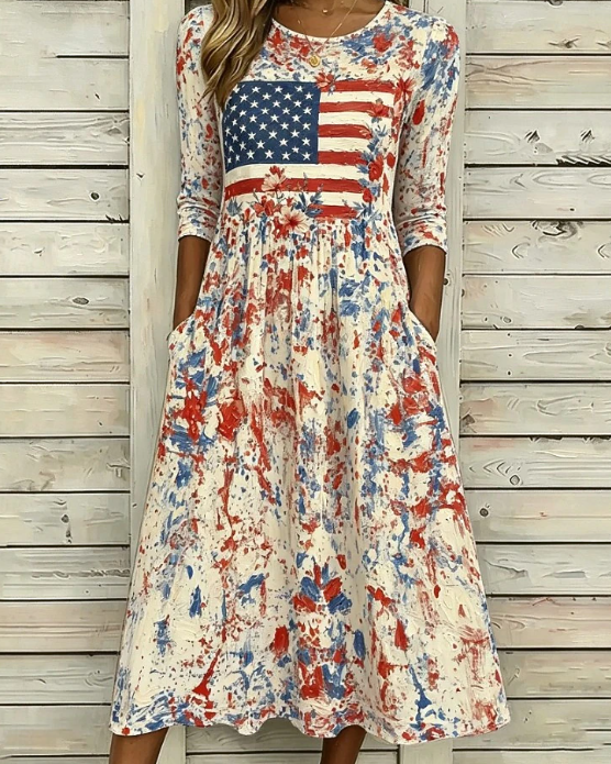 National Flag Watercolor and Oil Painting Print Pocket Casual Dress