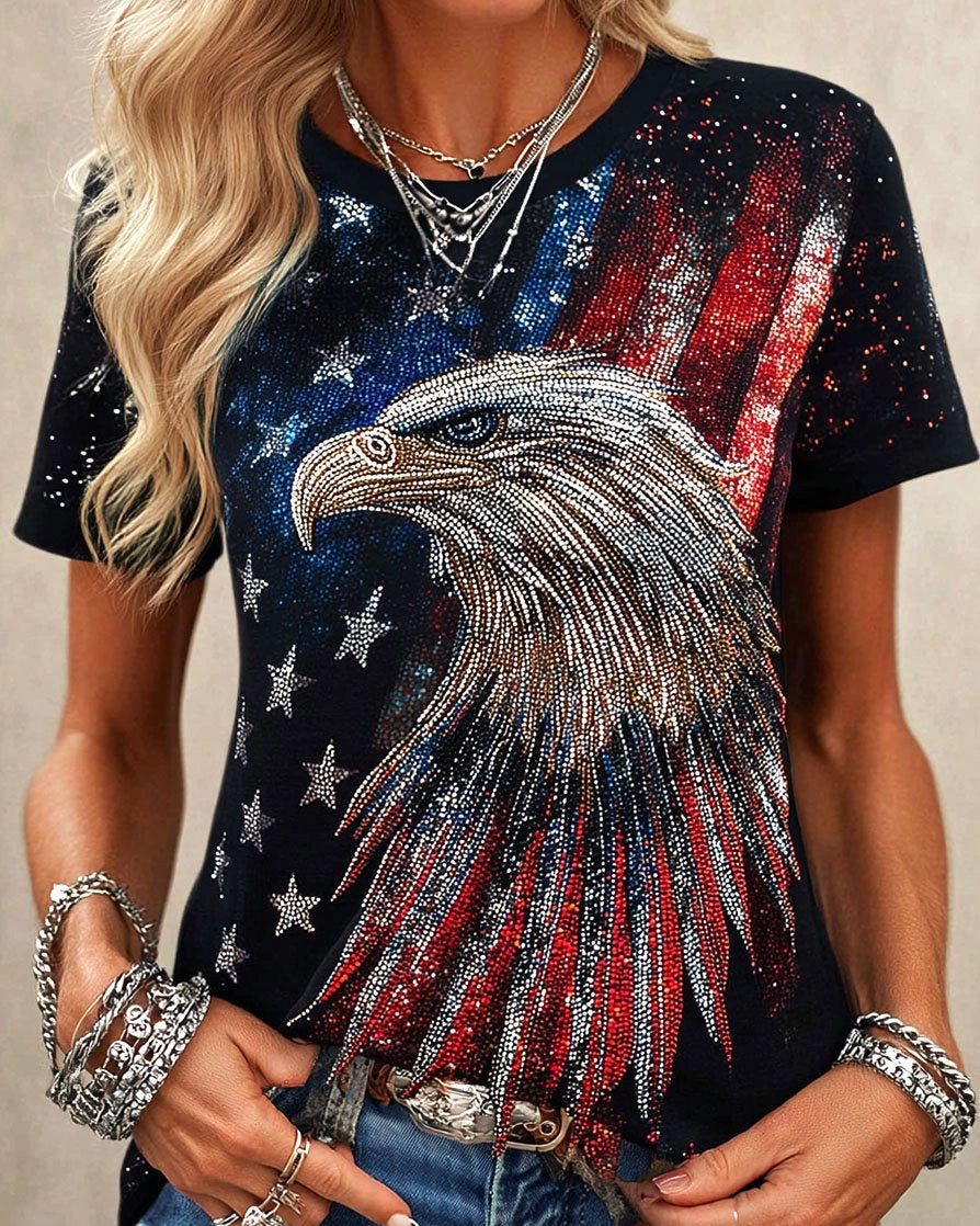 National Flag & Flying Eagle Hot-Fix Rhinestone Crew Neck Short Sleeve Tshirt