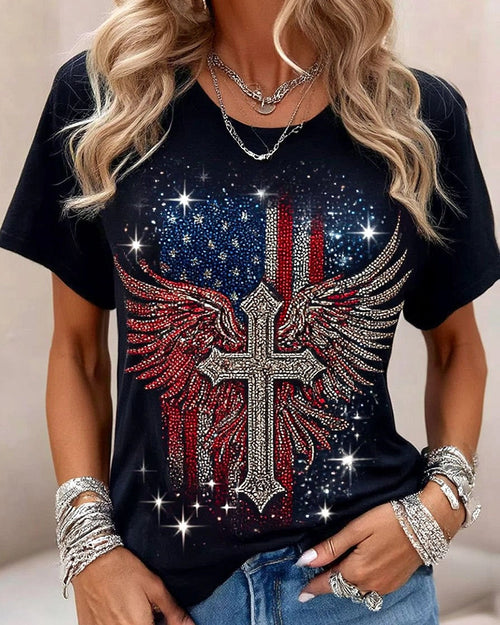 National Flag and Cross Wings Crew Neck Short Sleeve Tshirt