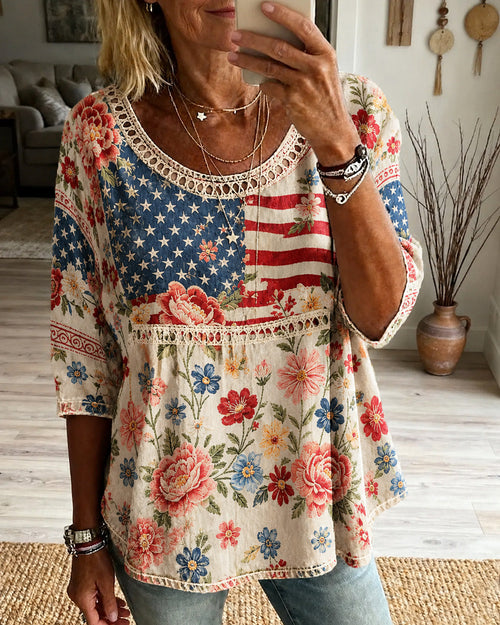 Retro Floral American Flag Print Round Neck Blouse