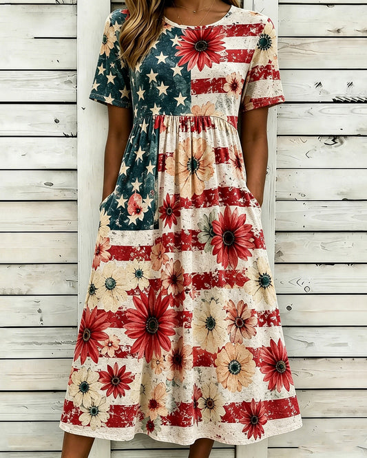 Retro Sunflower Flag Print Pocket Casual Dress