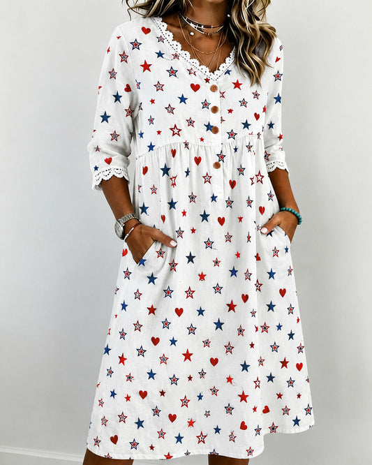 Star & Heart Print V-Neck Lace-Paneled Cotton Linen Casual Dress