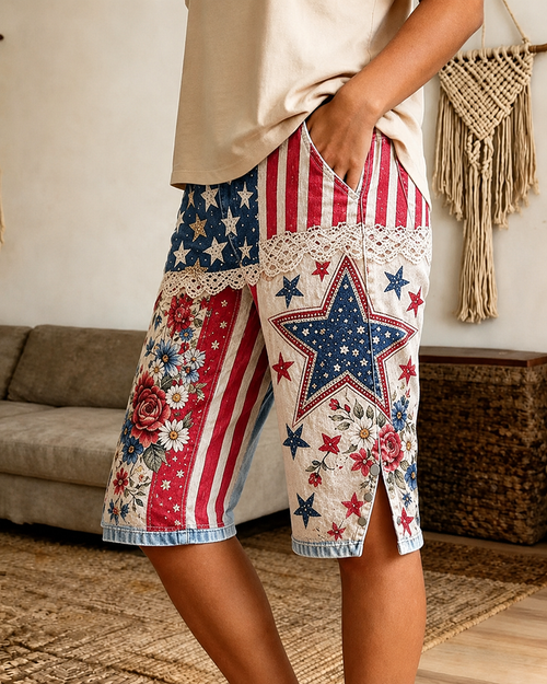 Star and Floral Lace Splicing Print Shorts with Pockets