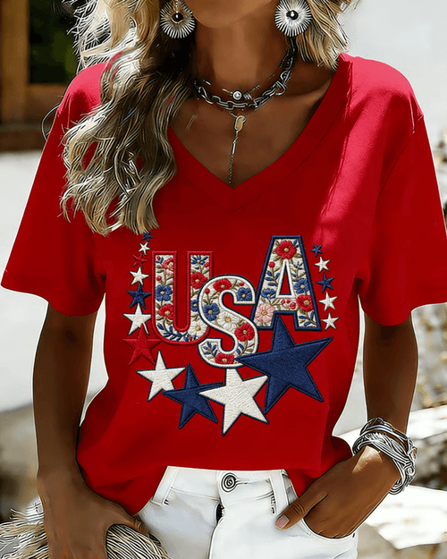 100% Cotton USA Flower Star V Neck Short Sleeve Tshirt