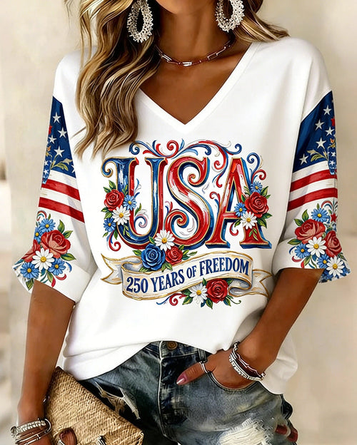 USA Graffiti Letters Print V-neck Half Sleeved Loose Top