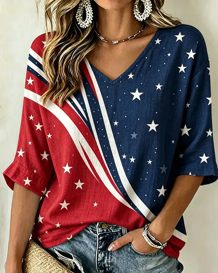 Women's V-Neck Independent Day Print V-neck Half Sleeved Loose Top