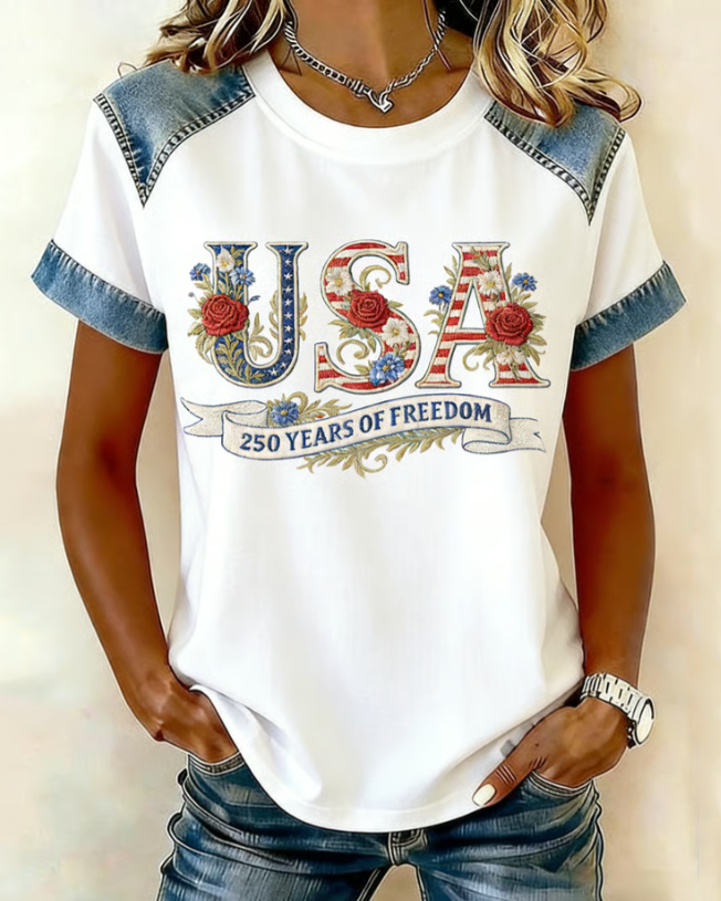 Crew Neck Women's 250th Anniversary American Casual Printed Short-sleeved T-shirt