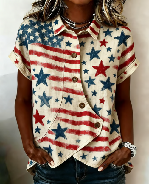 Women's American Flag Printed Lapel Button-Down Short-Sleeved Shirt