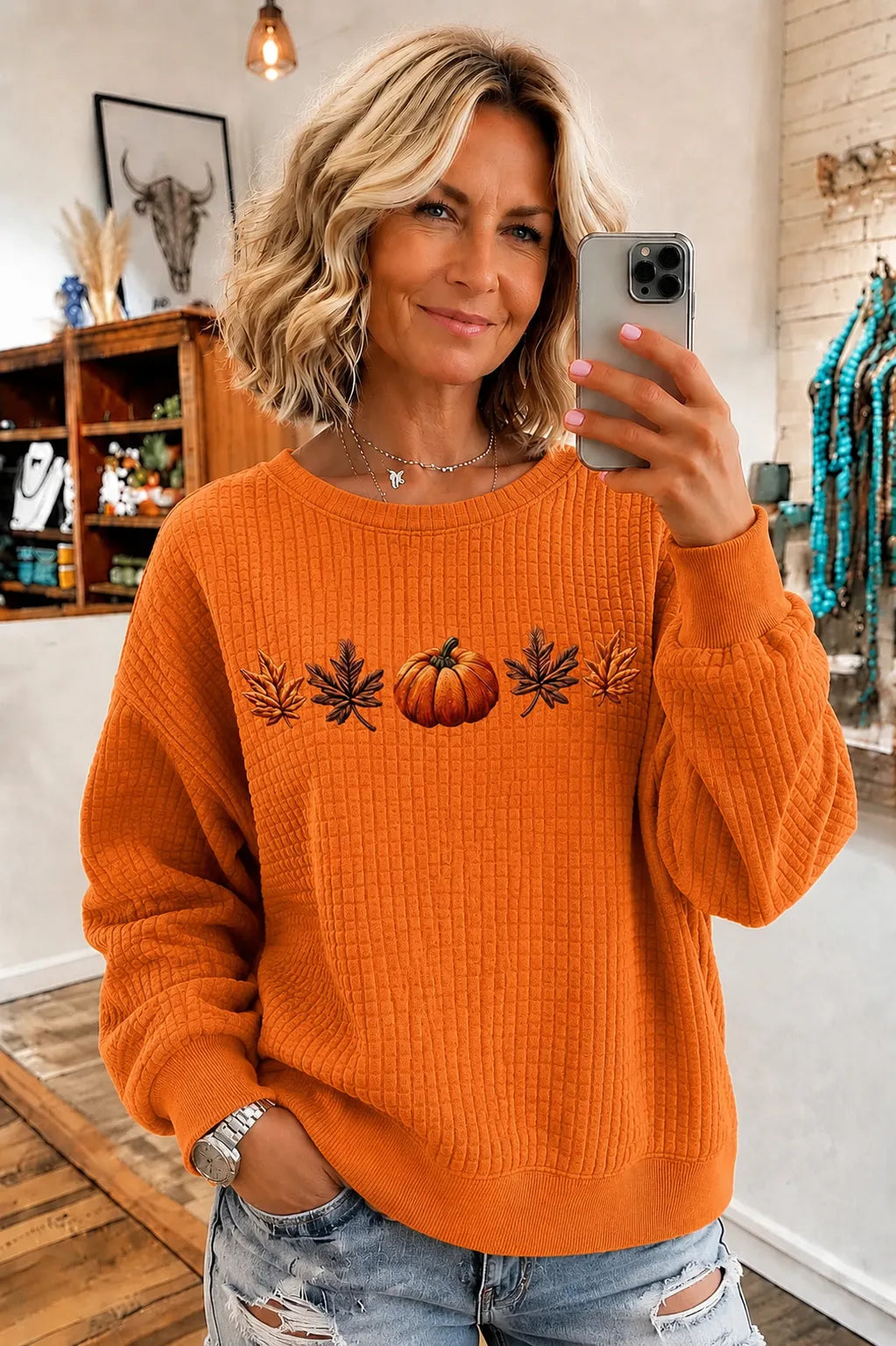 Women's Pumpkin Print Crew Neck Check Sweatshirt